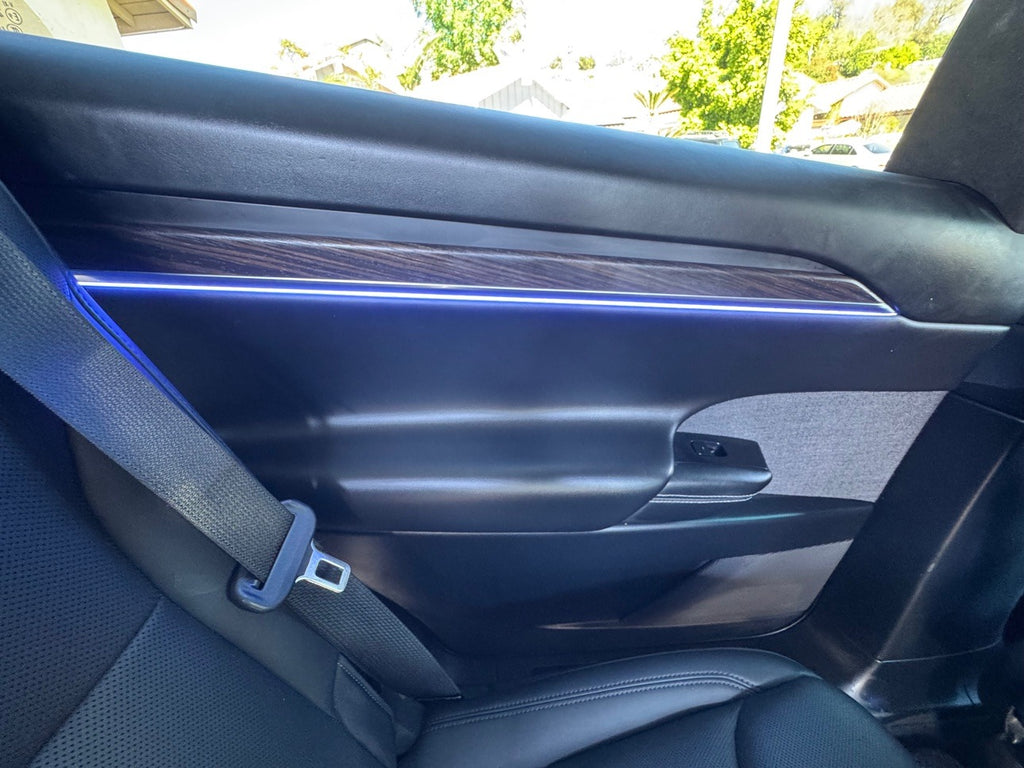 Tesla Model X door panel close-up with blue ambient light strip