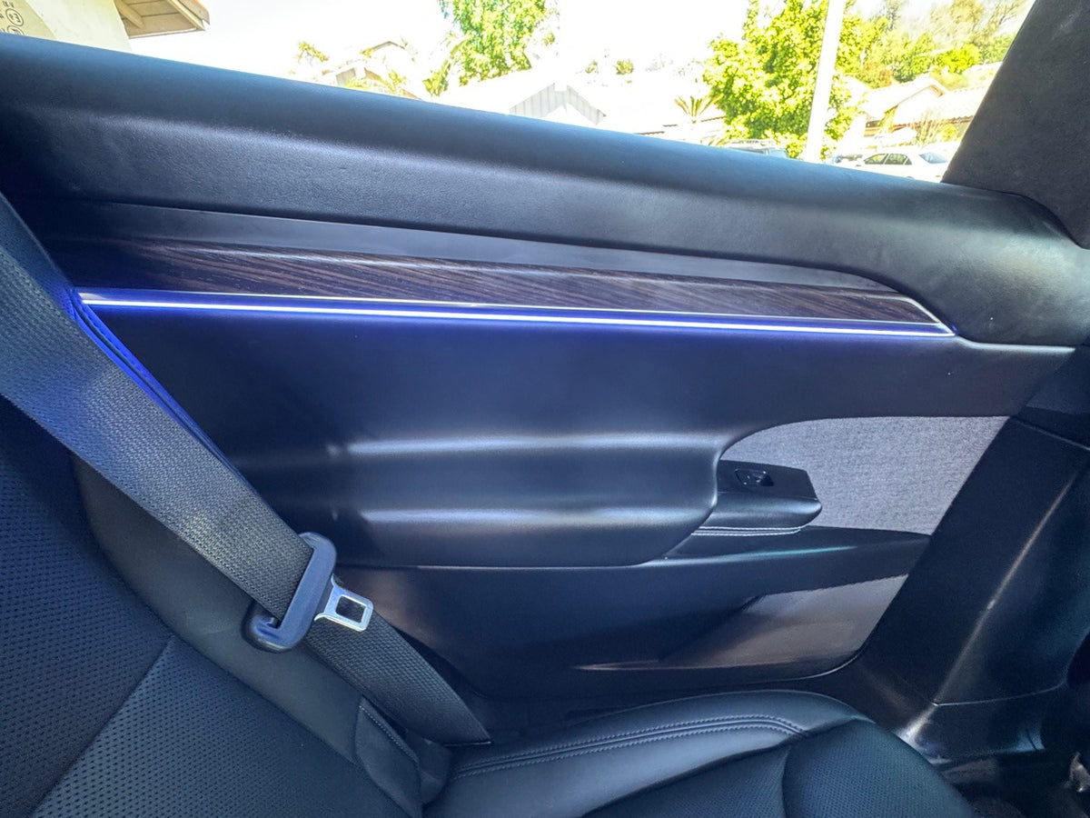 Tesla Model X door panel close-up with blue ambient light strip