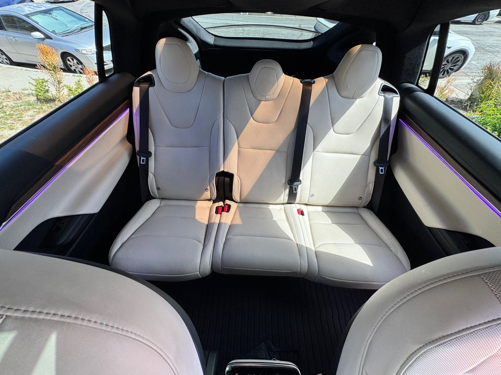 Tesla Model X rear seats with purple door trim ambient lighting