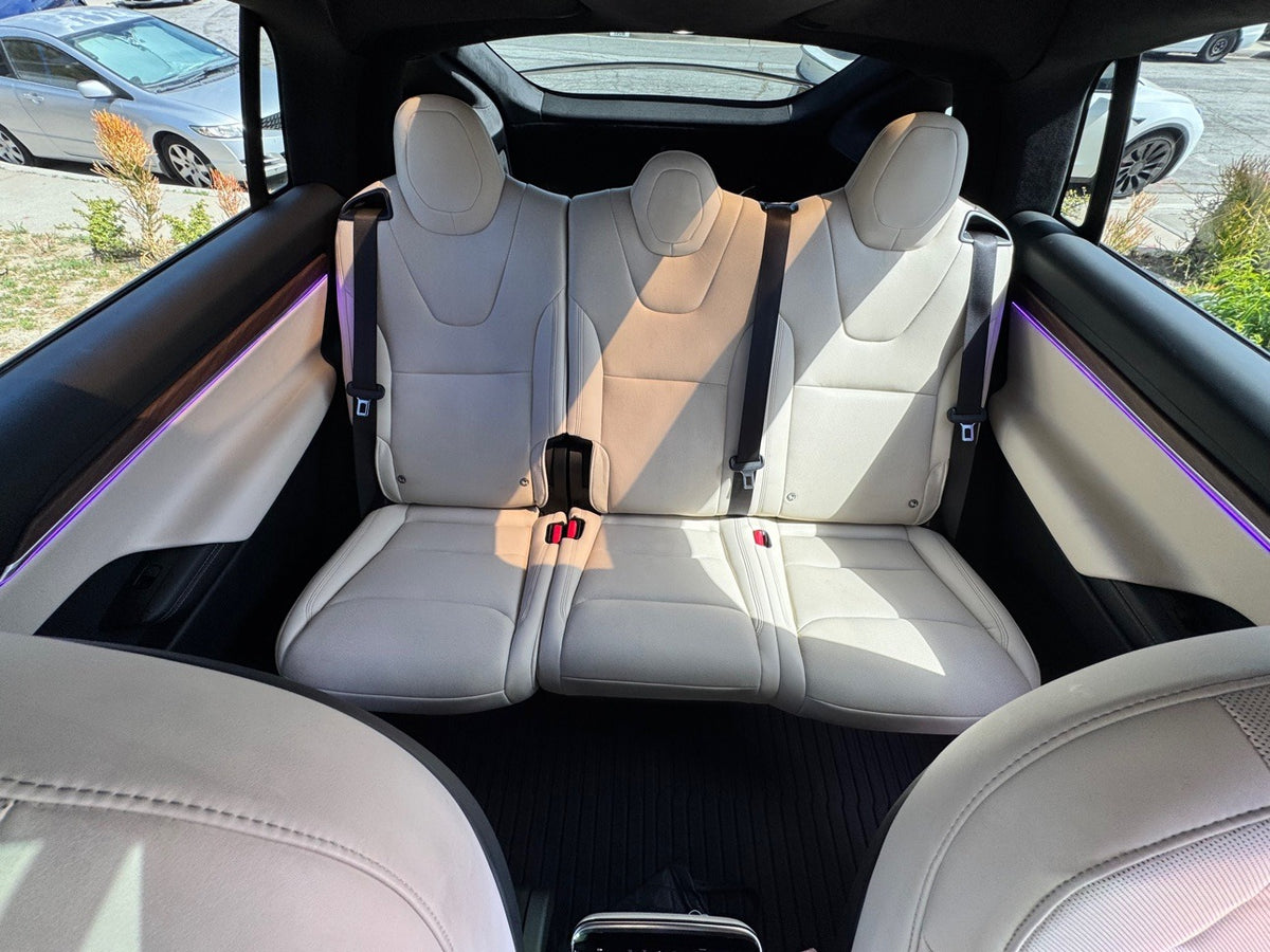 Tesla Model X rear seats with purple door trim ambient lighting