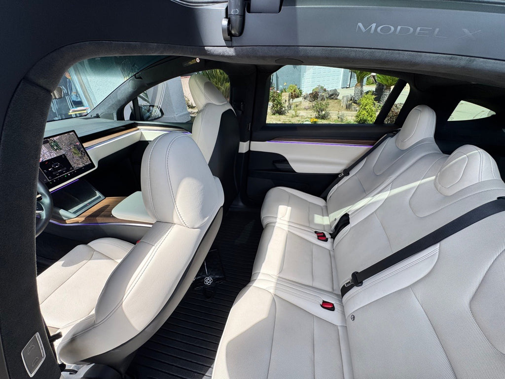 Tesla Model X cabin through the falcon wing door with ambient lighting
